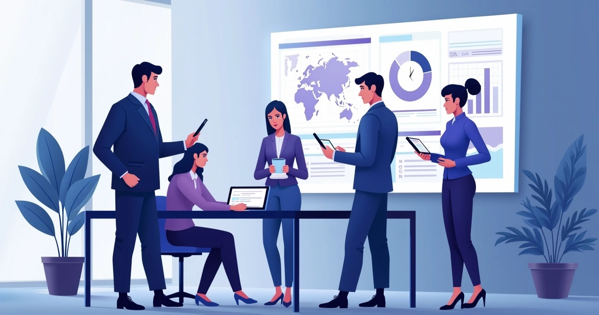 Equipe de parceiros analisando dados em uma tela em ambiente corporativo 