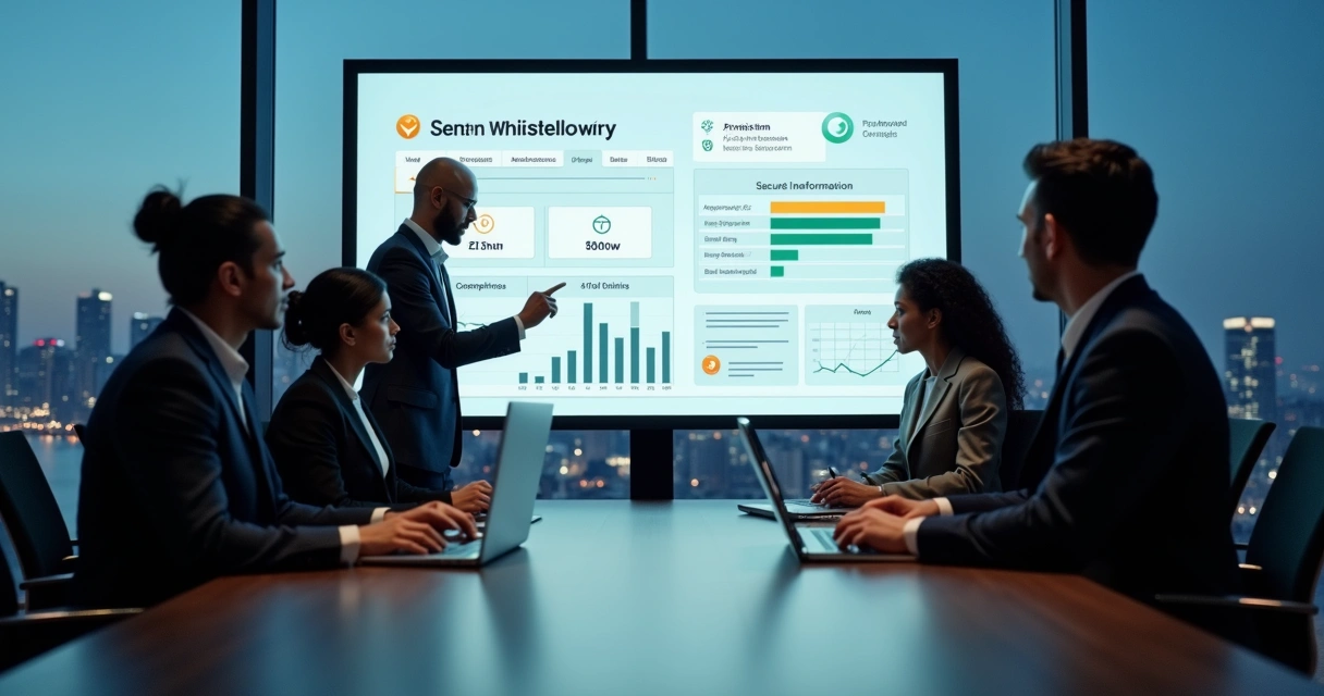 Equipe de compliance monitorando painel digital de canal de denúncias corporativo 