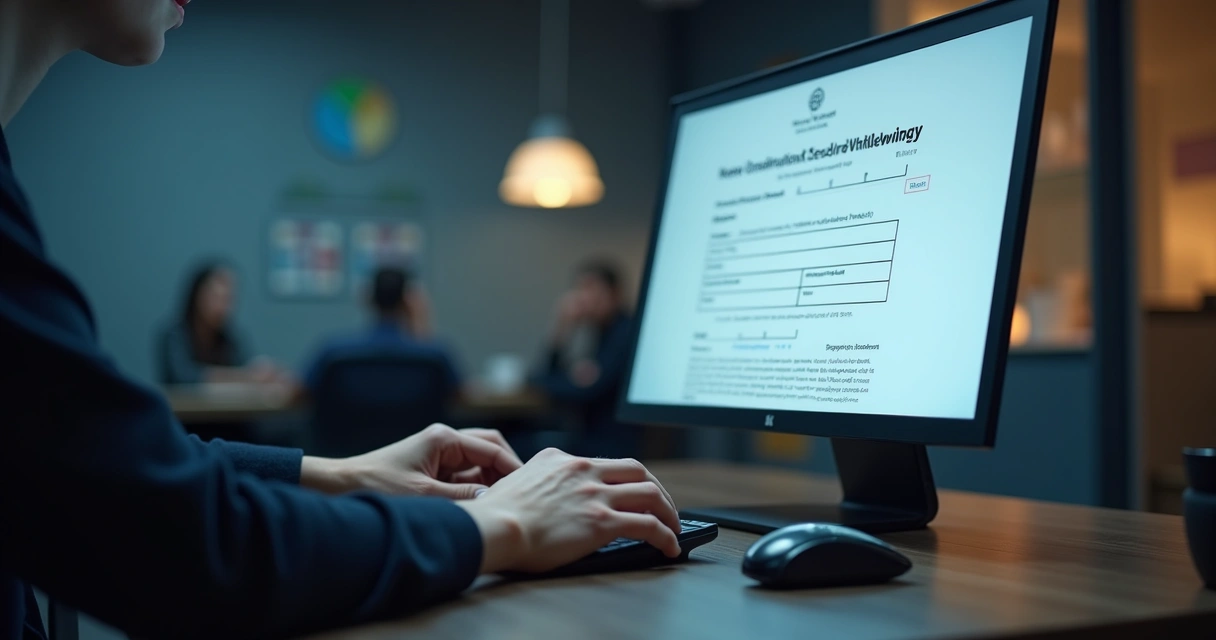 Pessoa anônima usando computador para registrar denúncia de ambiente corporativo 