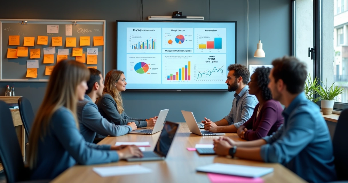 Equipe discutindo estratégia em frente a painel com gráficos de redes sociais, blog e parcerias empresariais 