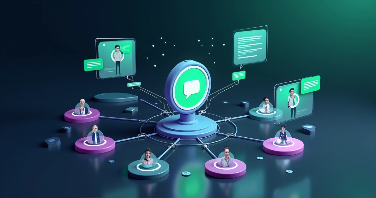 Chatbot atendendo clientes em vários canais digitais, incluindo WhatsApp e redes sociais.