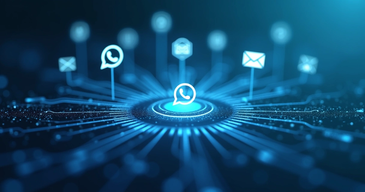 Ícones de WhatsApp, email e SMS conectados a painel de controle 