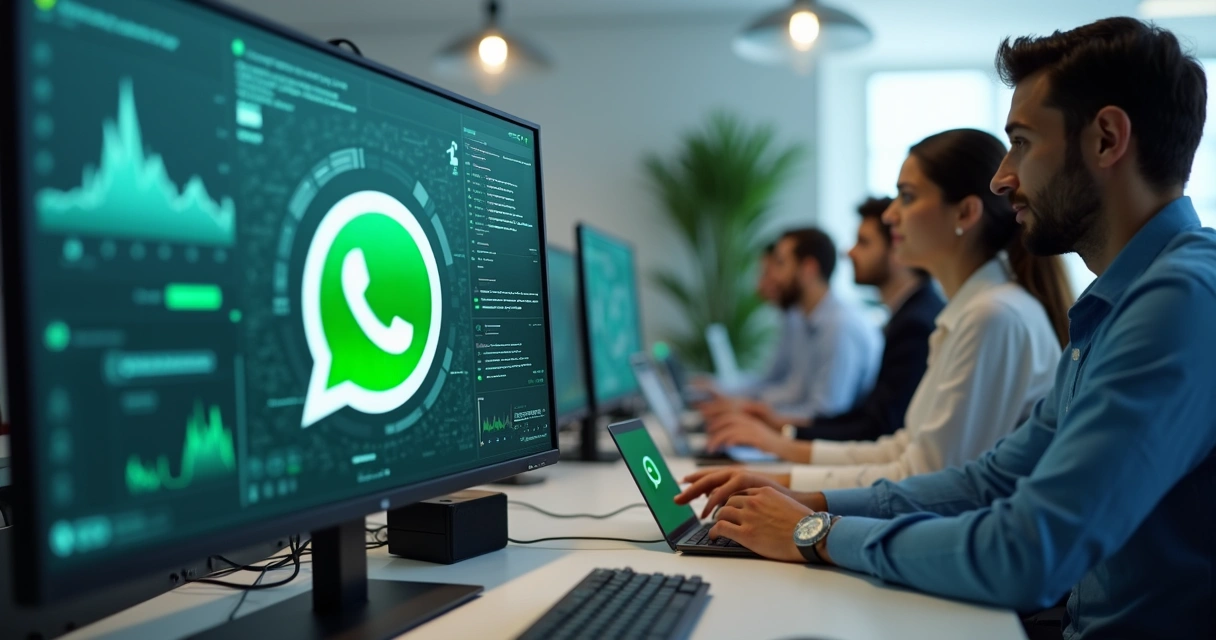 Equipe corporativa usando computador com janela do WhatsApp aberta na tela 