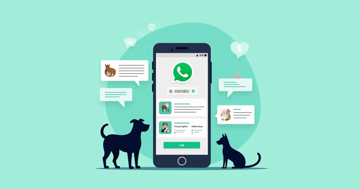Celular com ícone do WhatsApp e mensagens automáticas para clientes veterinários