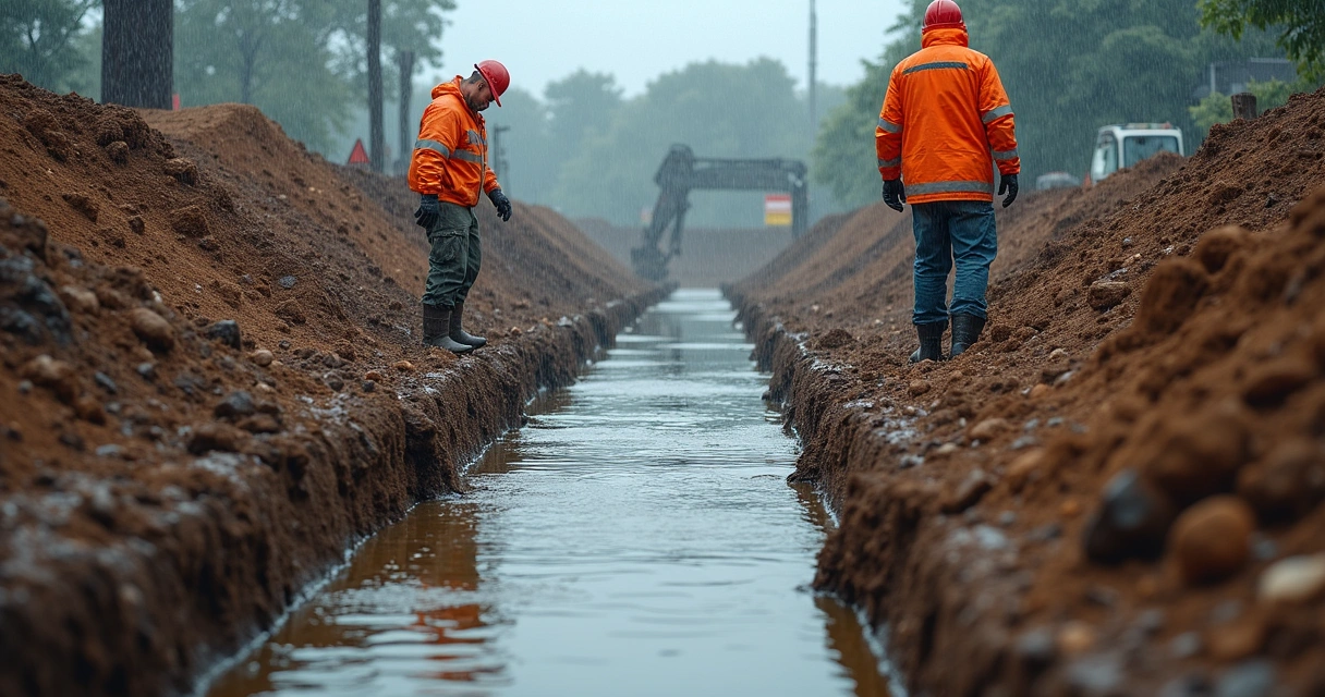 Trabalho em escavação com canaleta em dias de chuva