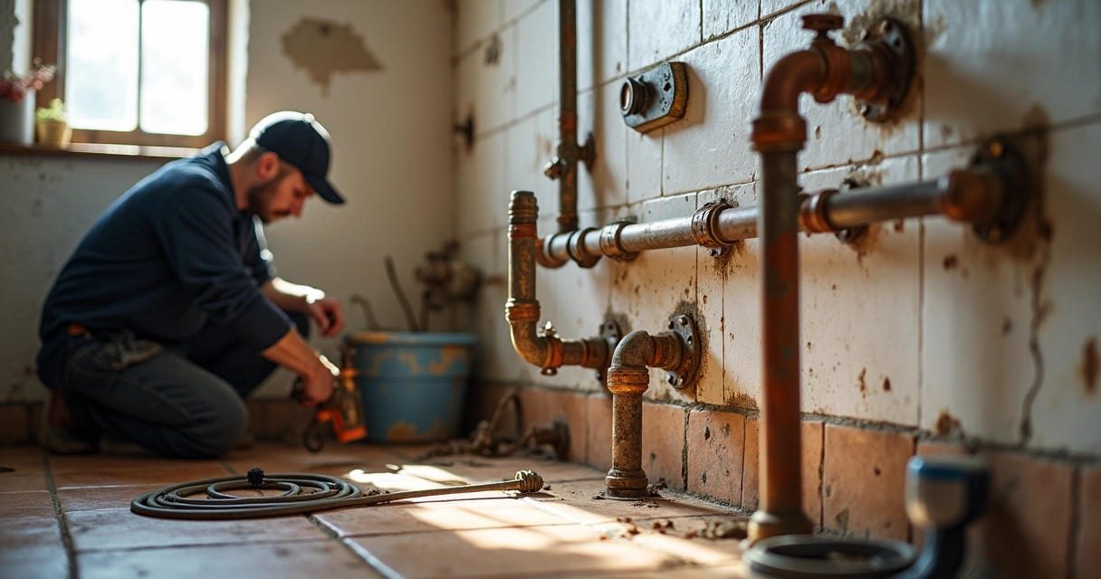 Canalização antiga em casa antiga a ser modernizada por canalizador profissional 