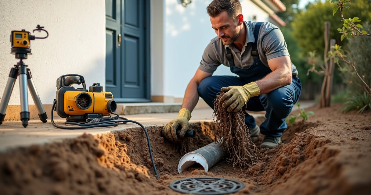 Canalização exterior entupida por raízes junto a um jardim residencial 