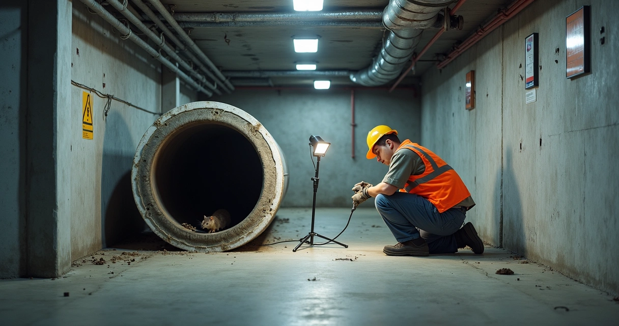 Técnico de manutenção a inspeccionar canos de esgoto do condomínio com sinais de pragas 