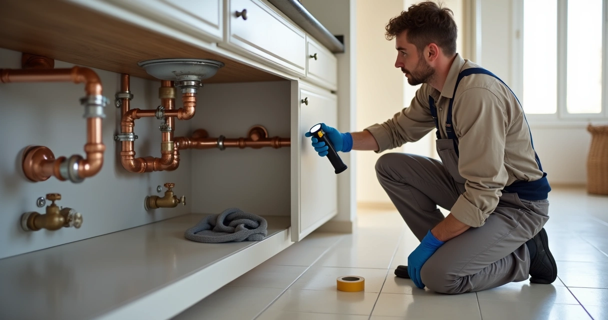 Canalização residencial em PVC e cobre com canalizador a inspecionar canos limpos 