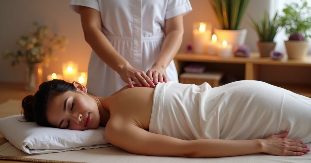 Pessoa deitada recebendo aplicação de Reiki nas costas em ambiente com velas e cristais