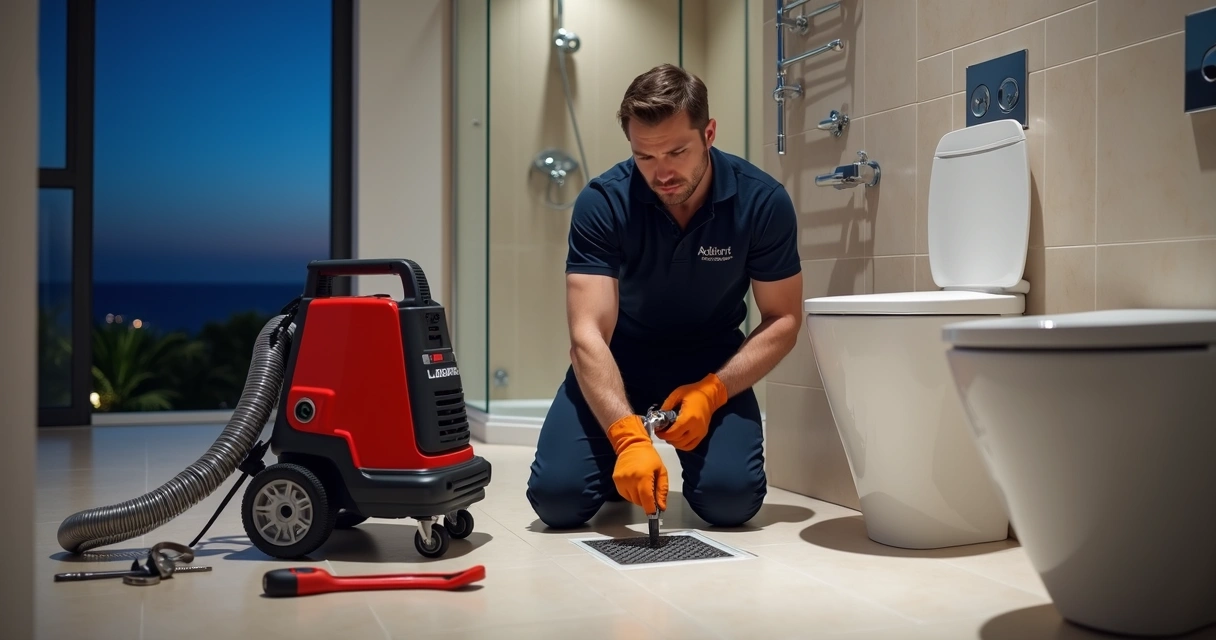 Canalizador a desentupir canos com máquina profissional numa casa no Algarve à noite 