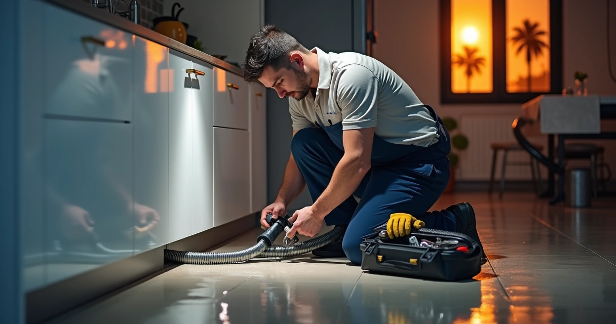 Canalizador a fazer desentupimento urgente em cozinha inundada 