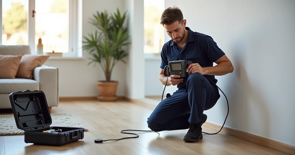 Técnico a usar dispositivo eletrónico para detetar fuga de água numa parede de casa 