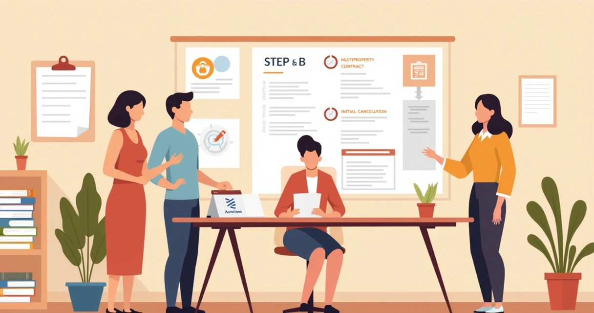 Ambiente de escritório com uma pessoa revisando contrato de multipropriedade e equipe oferecendo suporte.