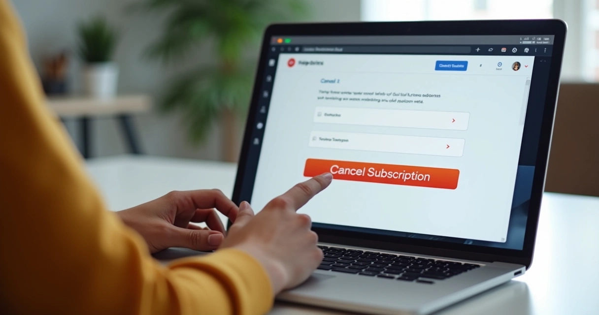 Pessoa usando laptop para cancelar assinatura de aplicativo digital no site, tela com botão de cancelar destacado