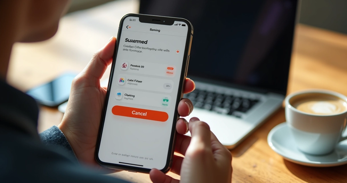 Celular mostrando app de banco digital com opção para cancelar assinatura de streaming 