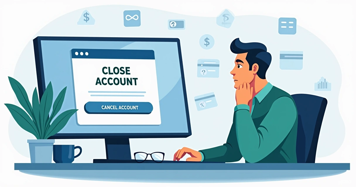Empreendedor olhando tela do computador, página de encerramento de conta digital 