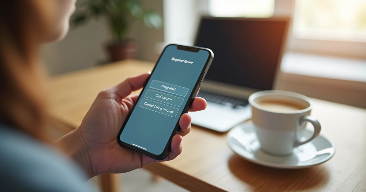 Pessoa usando smartphone para cancelar conta bancária digital com interface de app financeira na tela 