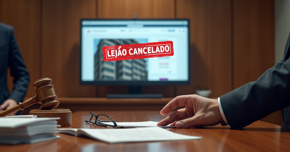 Juiz segurando martelo diante de tela com leilão de imóvel cancelado 