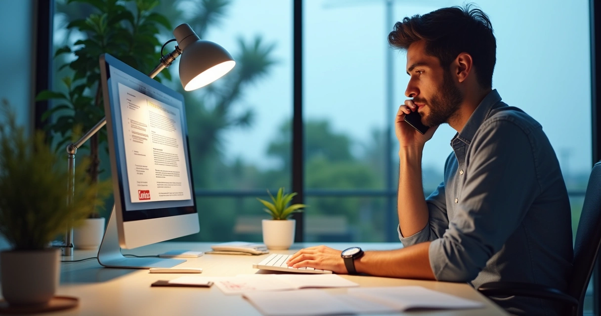 Homem em escritório analisando contrato de multipropriedade, com documentos e computador, transmitindo determinação.