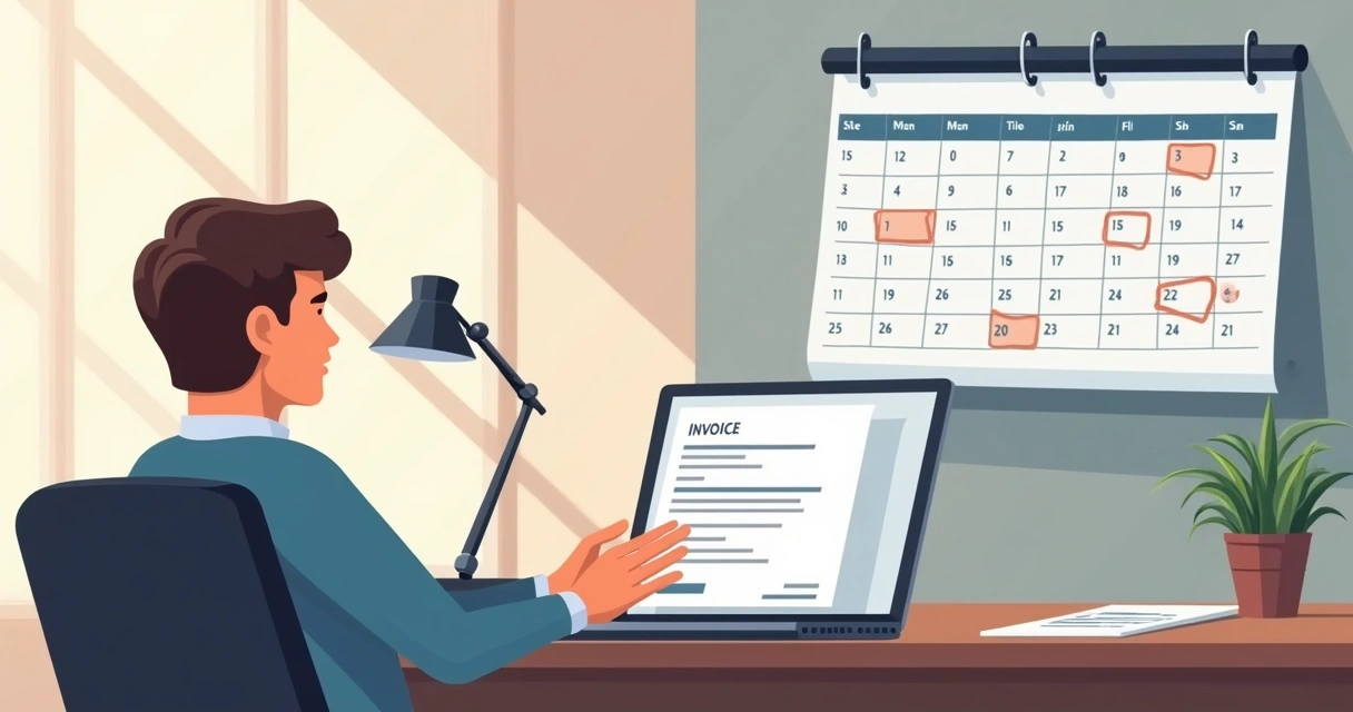 Pessoa analisando nota fiscal eletrônica com calendário ao fundo