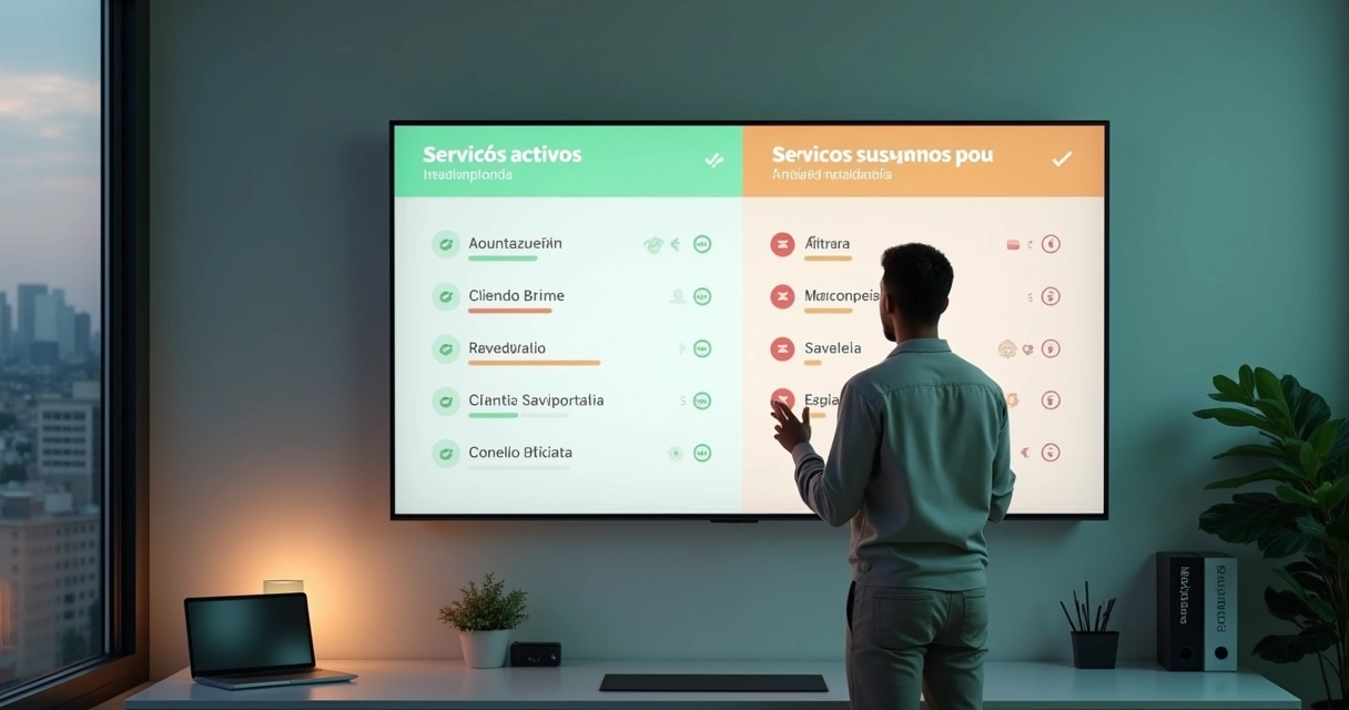 Pequeno empresário ajustando manualmente uma lista de clientes ativos e suspensos em um quadro digital 