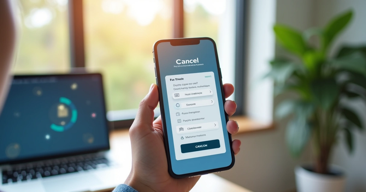 Pessoa usando celular para cancelar serviços bancários com interface digital clara e simples 