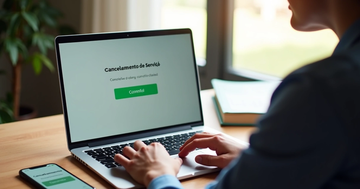 Pessoa usando notebook para cancelar serviço bancário online