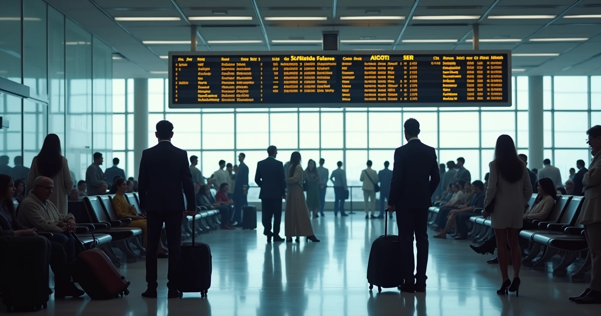 Passageiros esperando notícia de voo cancelado em aeroporto movimentado 