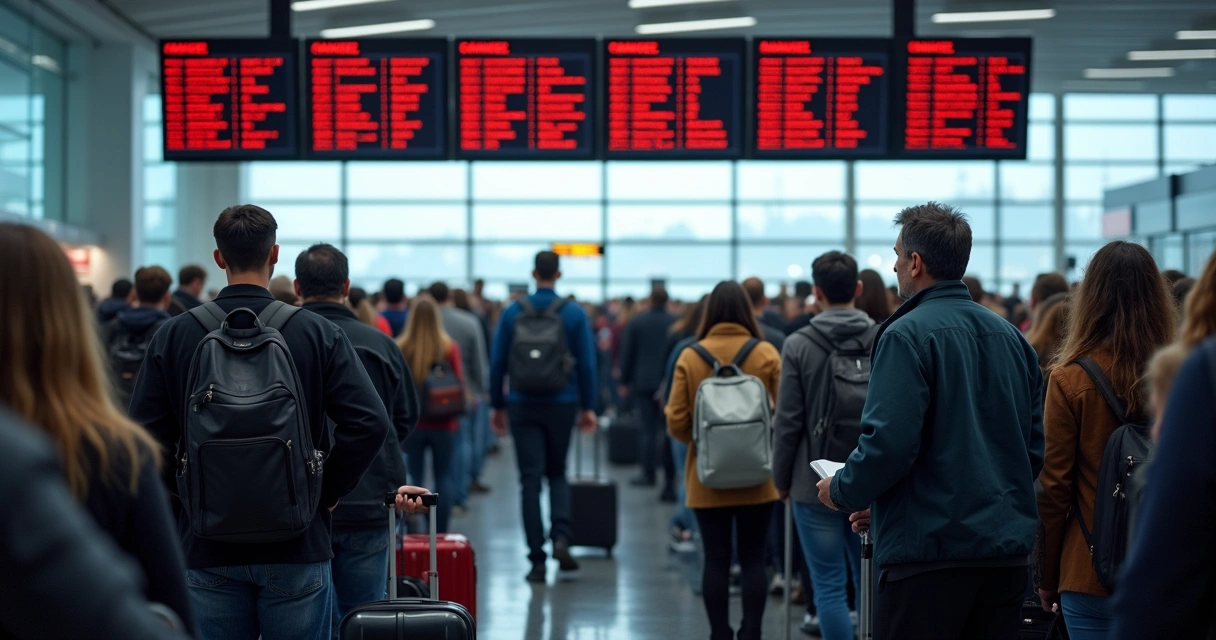 Fila de passageiros esperando no aeroporto para resolver cancelamento de voo. 