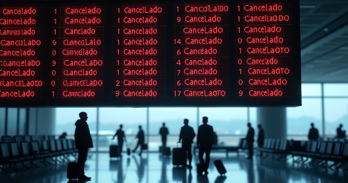 Painel de aeroporto só com voos cancelados mostrado de frente 