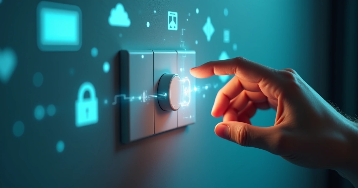 Mão desligando interruptor com símbolos de assinaturas digitais e cadeado de proteção 