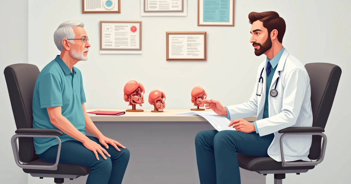 Urologista conversando com paciente em consultório sobre câncer de próstata 