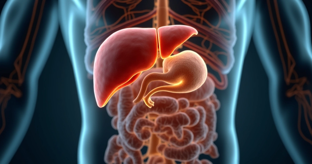 Ilustração anatômica realista das vias biliares com tumor em destaque 