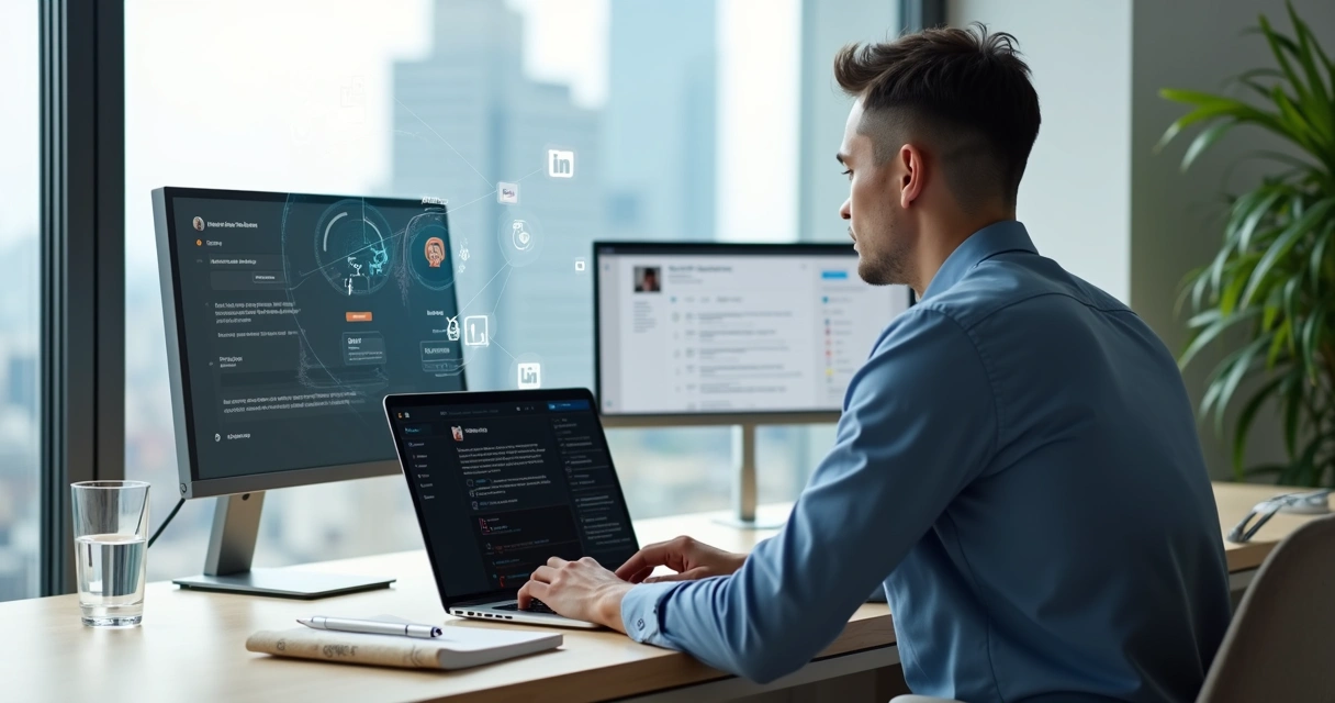 Profissional se prepara em sala moderna para entrevista de emprego virtual 