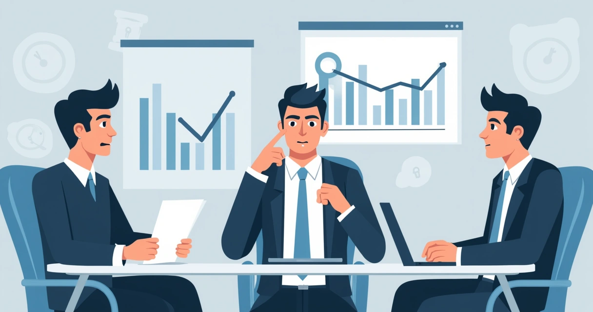 Group of applicants anxiously discussing job security in a modern office 