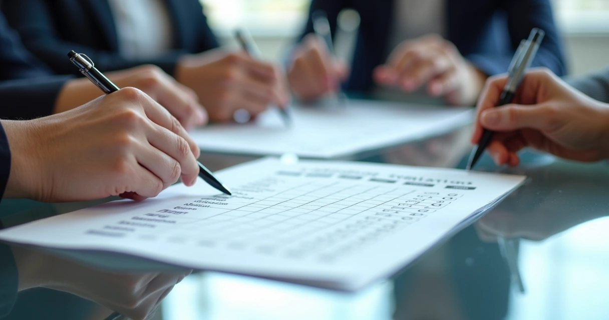 Close-up of structured interview score sheets being reviewed by panel 