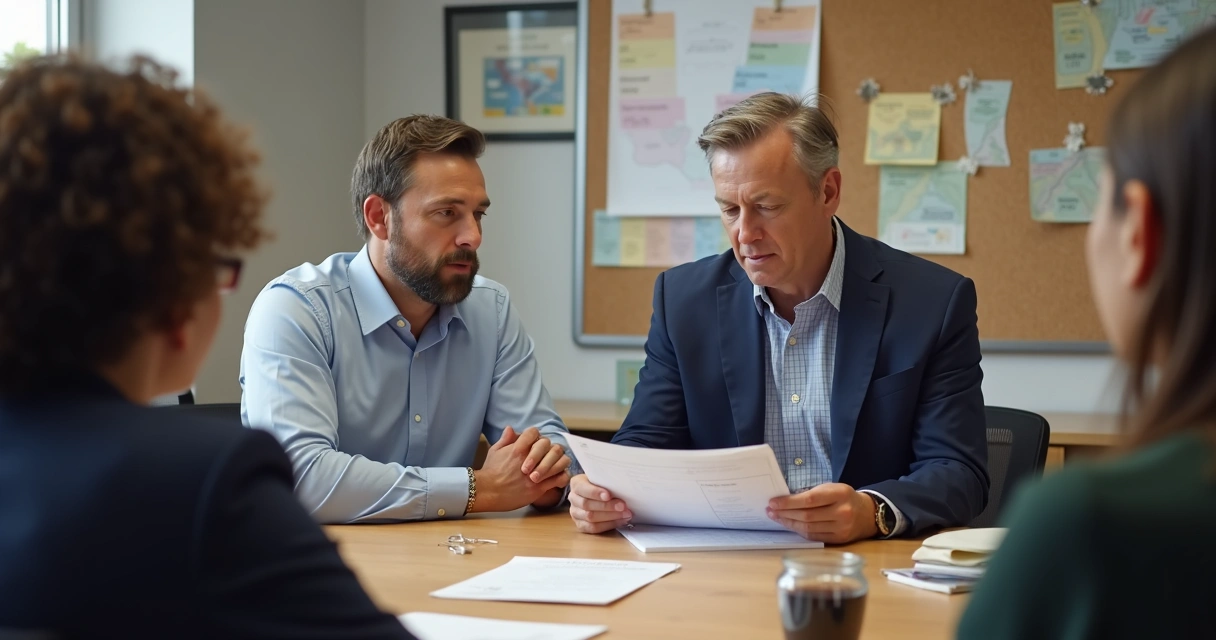 Candidato mostrando plano de governo impresso em reunião com equipe de campanha 