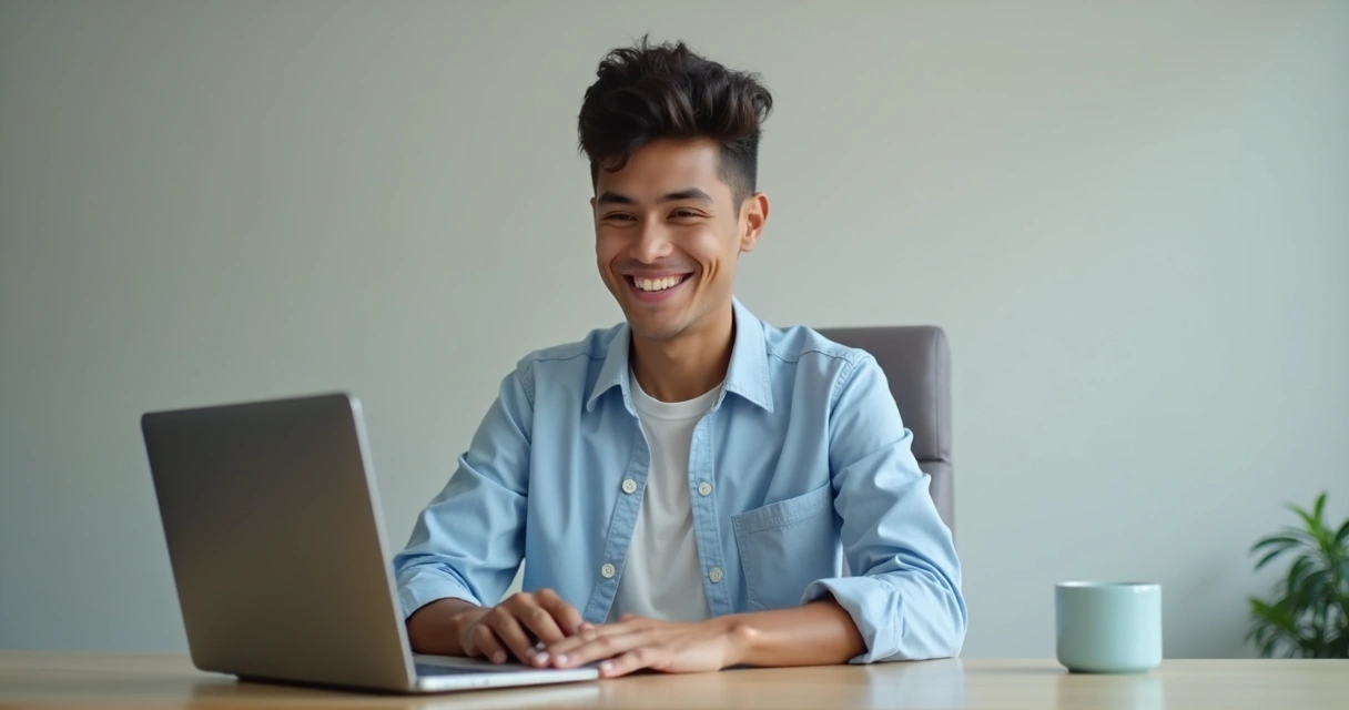 Candidato vestido formalmente em entrevista virtual, sorrindo em frente ao notebook 