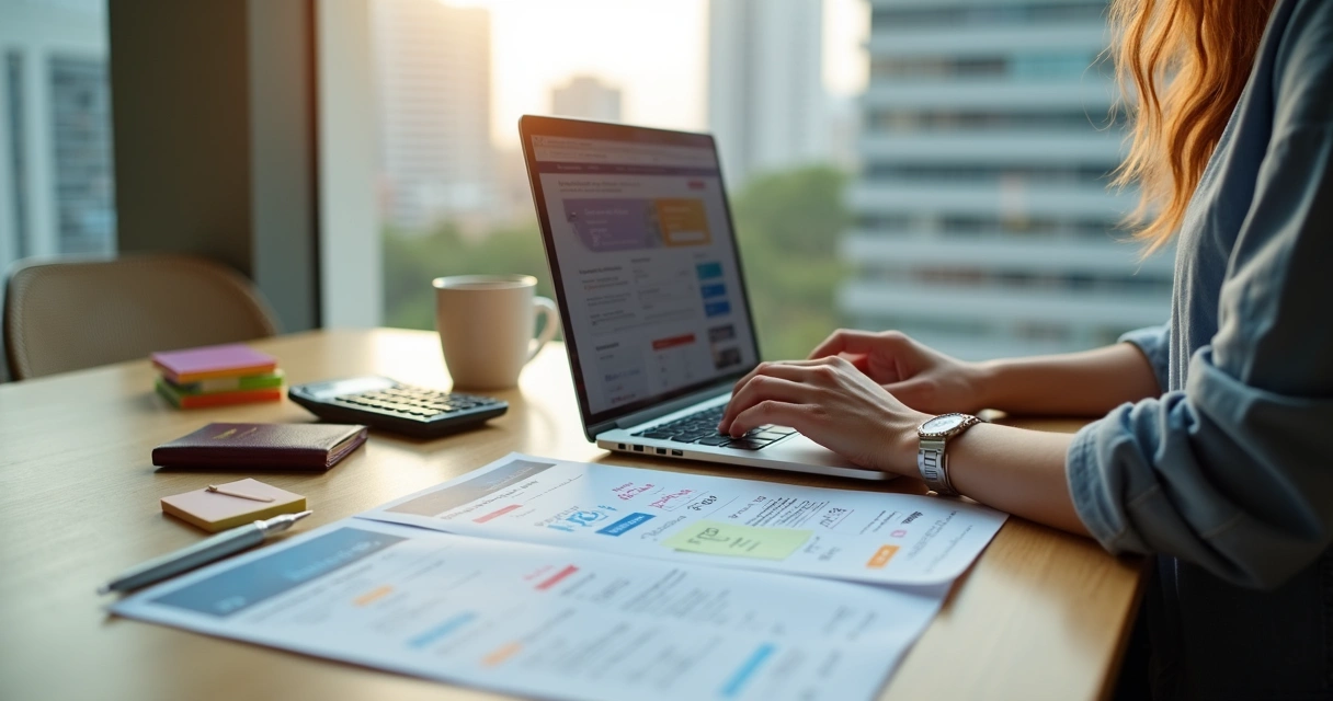 Adulto analisando custos do curso de inglês em laptop com anotações financeiras na mesa 