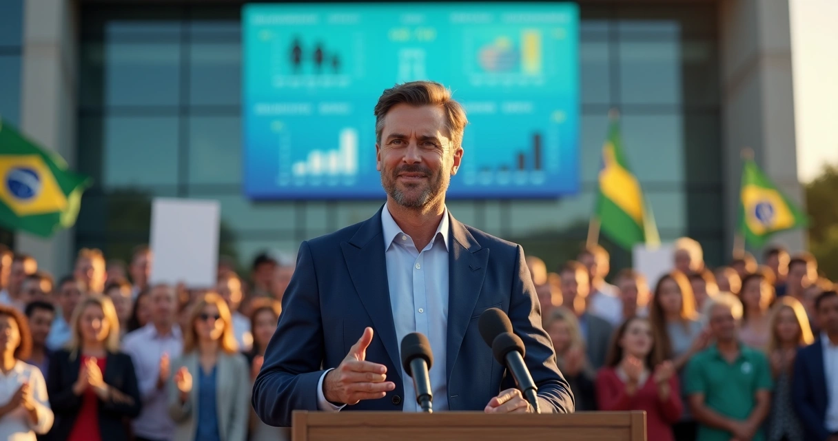 Candidato falando ao microfone em comício com apoiadores ao fundo 