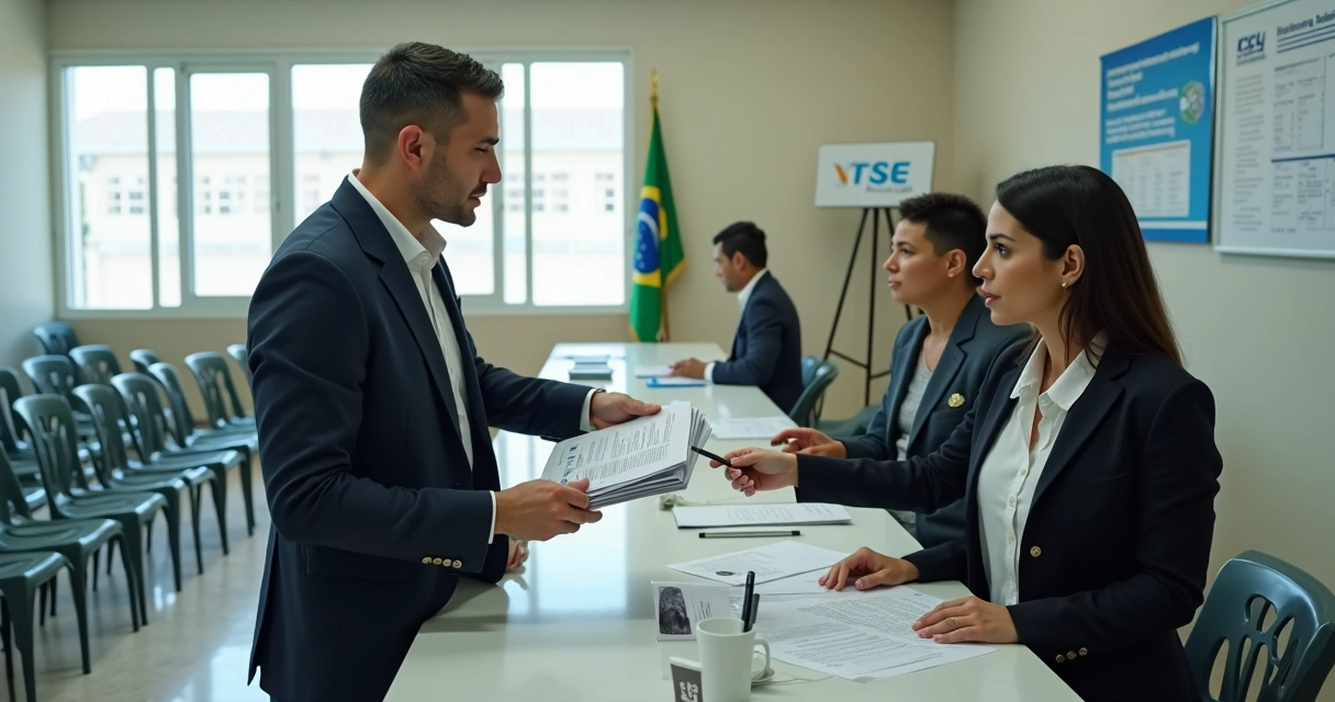 Candidato a deputado recebendo orientação de funcionária em tribunal eleitoral brasileiro 