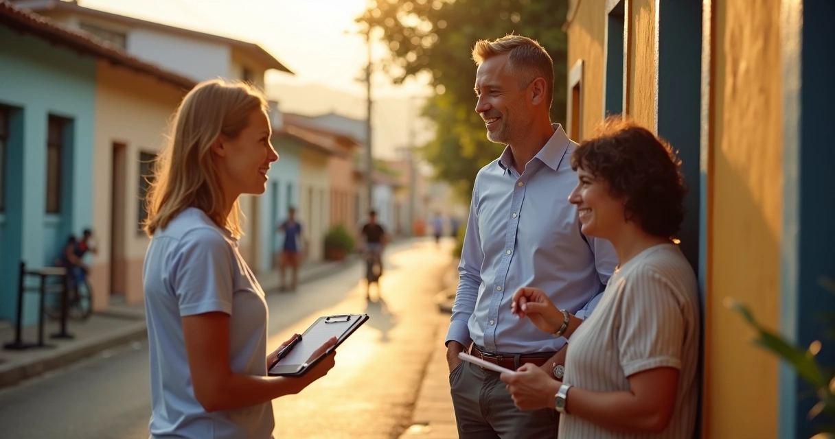 Candidato conversando com eleitora em rua de bairro 