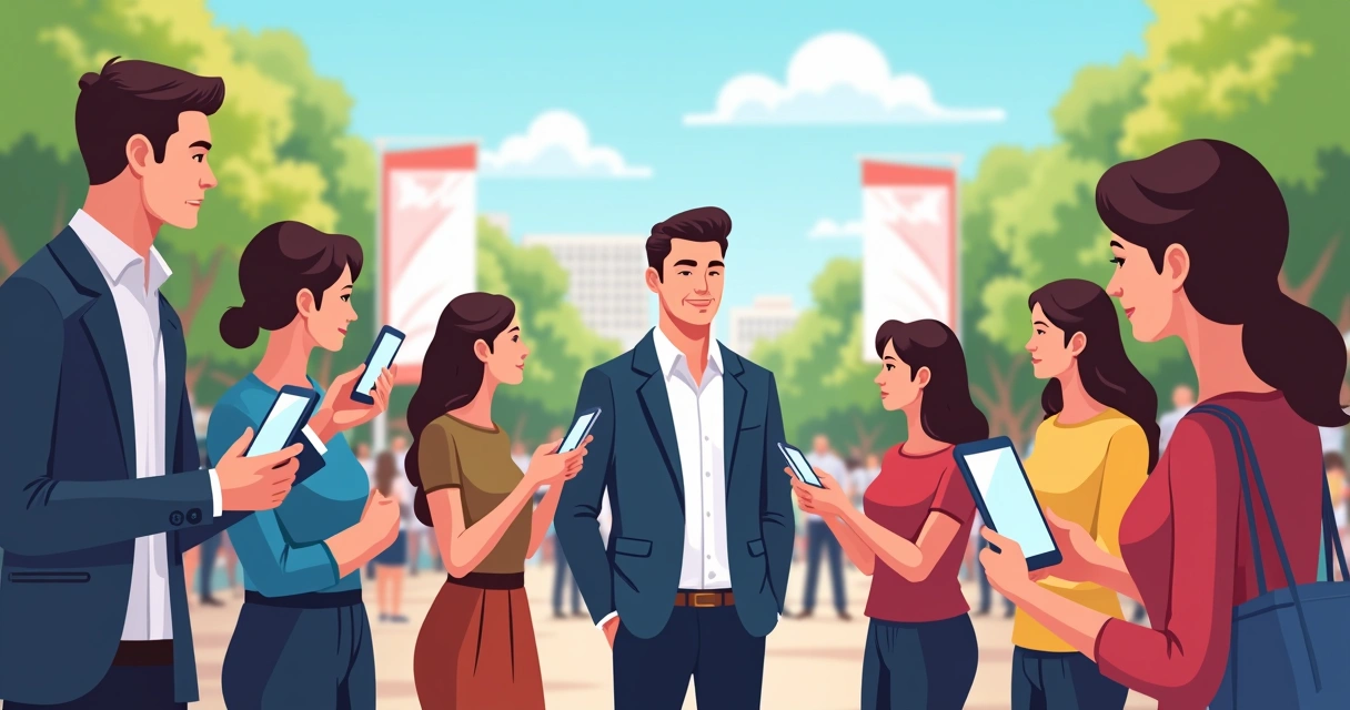 Candidato e influenciadores em evento público, interagindo com eleitores e usando redes sociais
