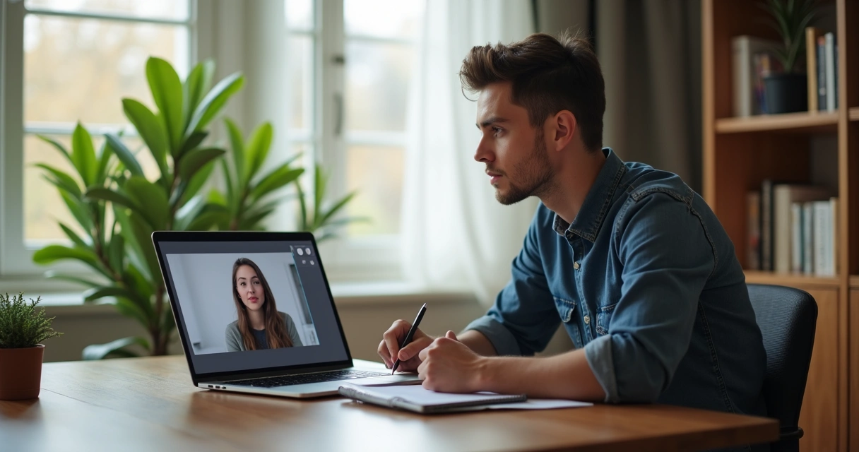 Jovem participando de entrevista de emprego online com notebook e bloco de anotações