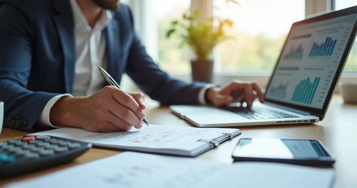 Profissional estudando para certificação financeira com notebook e anotações 