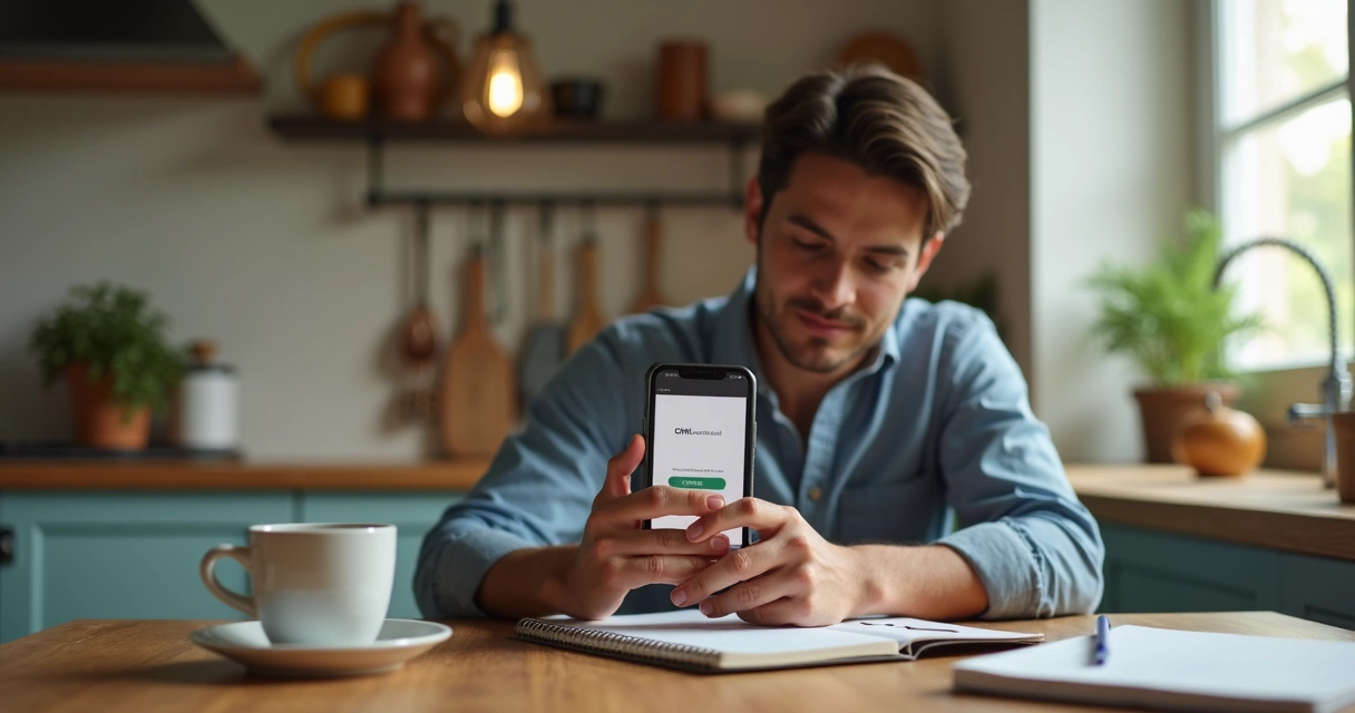 Jovem estudando em casa pelo celular com o aplicativo CNH do Brasil na tela 