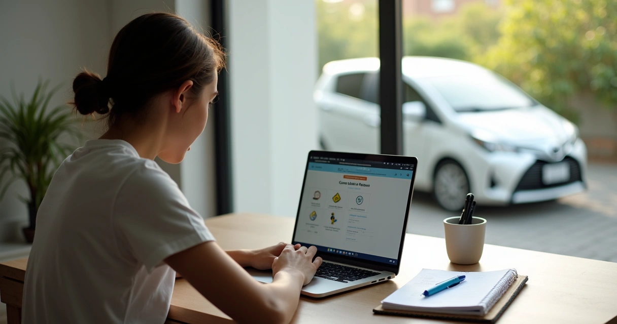 Jovem estudando para prova teórica da CNH em notebook com carro ao fundo 