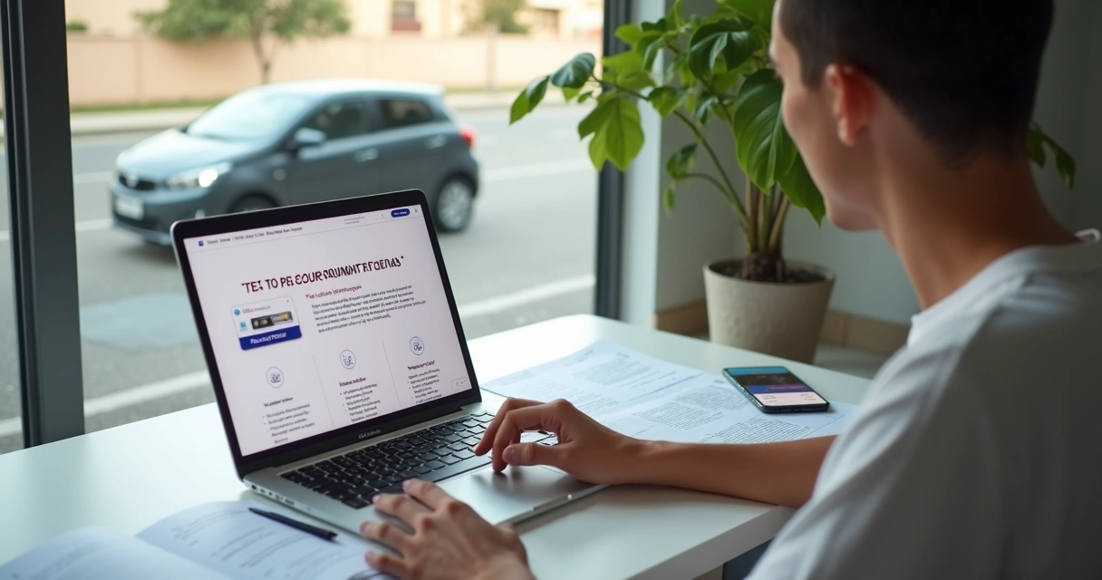 Jovem estudando para tirar CNH pelo computador com carro ao fundo 