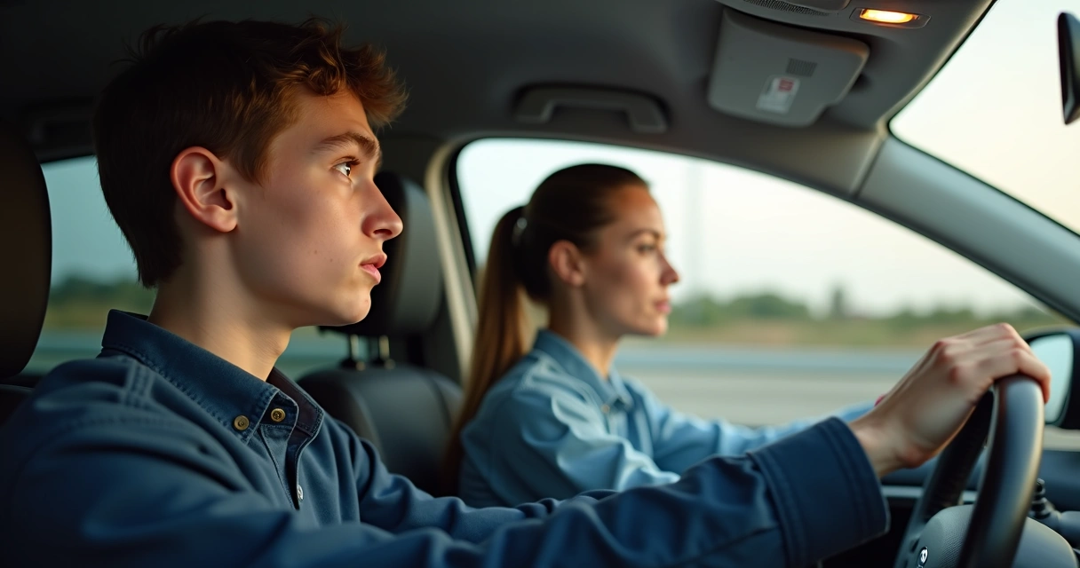 Jovem sentando ao volante, visivelmente concentrado, com instrutor ao lado.